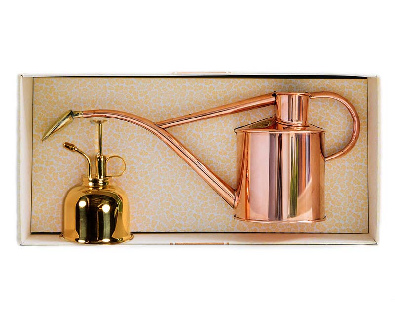 Haws 1litre indoor watering can in Copper and Spray Mister in Brass in attractive presentation box
