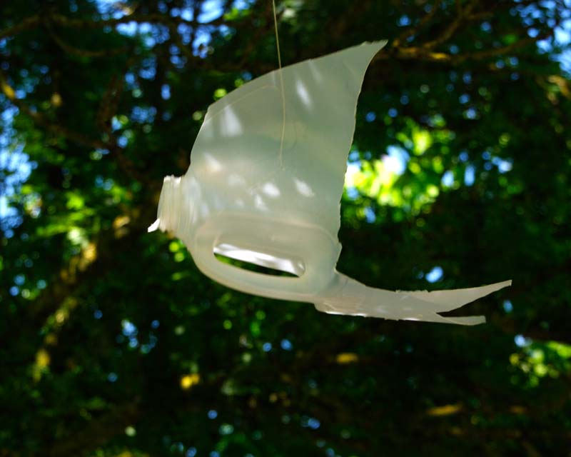 White birds made from milk containers hand amongst the trees and shrubs around the Learning Centre