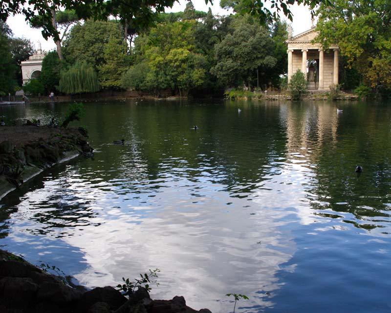 The Borghese Gardens lake and one of the many decorative pavillions