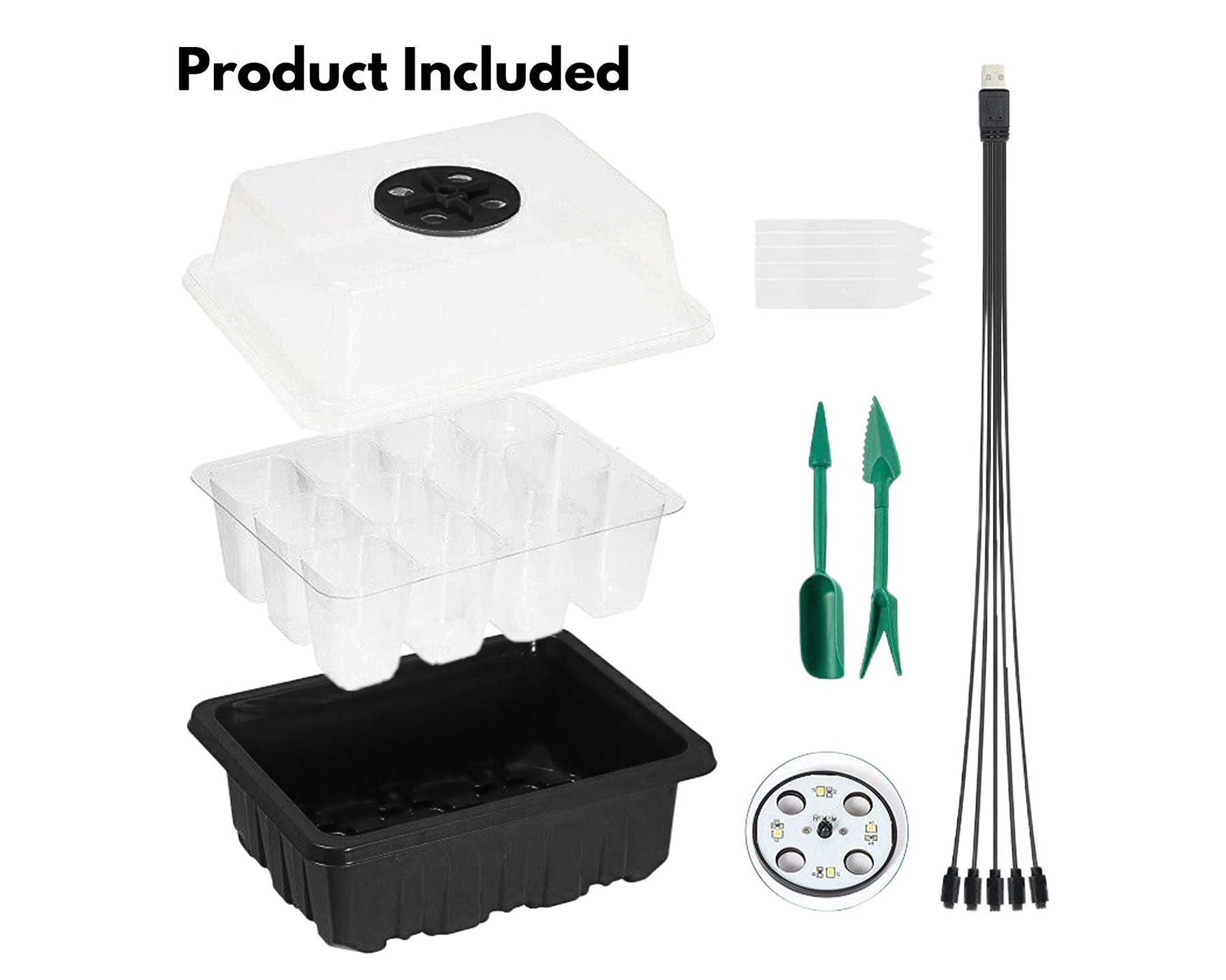 Seed Starter Tray - Set includes 5 x base tray, 5 seedling tray, 5 humidity dome, grow light and cable, plant tags and small  propping tools