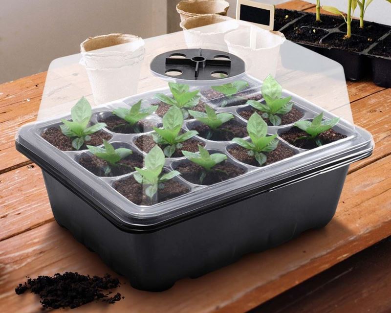 Seed Starter Tray - Set includes 5 x base tray, 5 seedling tray, 5 humidity dome, grow light and cable, plant tags and small propagating tools.